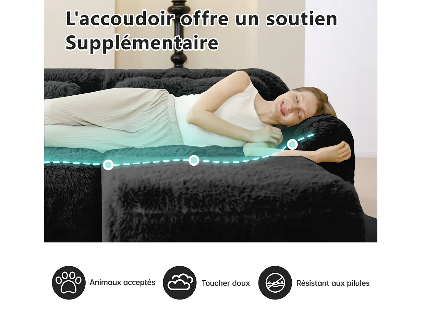 Sofá de Canto Modular em tecido peluche, com 3 puffs e 3 almofadas, 291x179x73cm, Preto