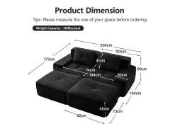 Sofá de Canto Modular em Veludo cotelê, com 2 puffs e 2 almofadas, 204x177x69cm, Preto