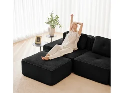 Sofá de Canto Modular em Veludo cotelê, com 2 puffs e 2 almofadas, 204x177x69cm, Preto