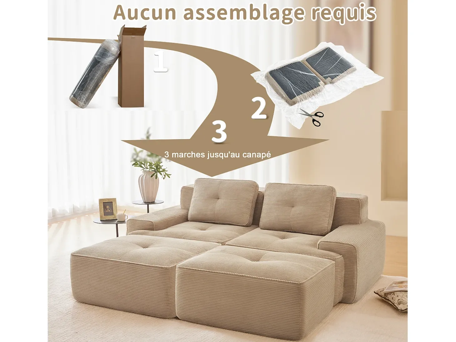 Sofá de Canto Modular em Veludo cotelê, com 2 puffs e 2 almofadas, 204x177x69cm, Bege