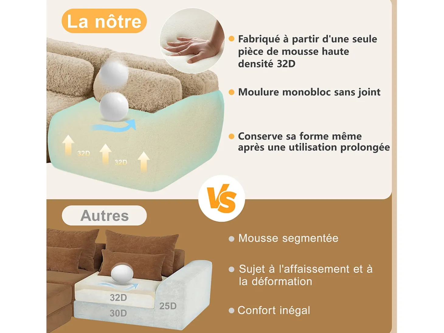 Sofá de Canto Modular Forma de U em tecido peluche, com 2 puffs e 4 almofadas, 378x179x73cm, Caqui