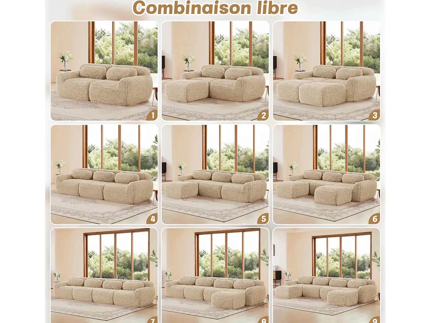 Sofá de Canto Modular Forma de U em tecido peluche, com 2 puffs e 4 almofadas, 378x179x73cm, Caqui