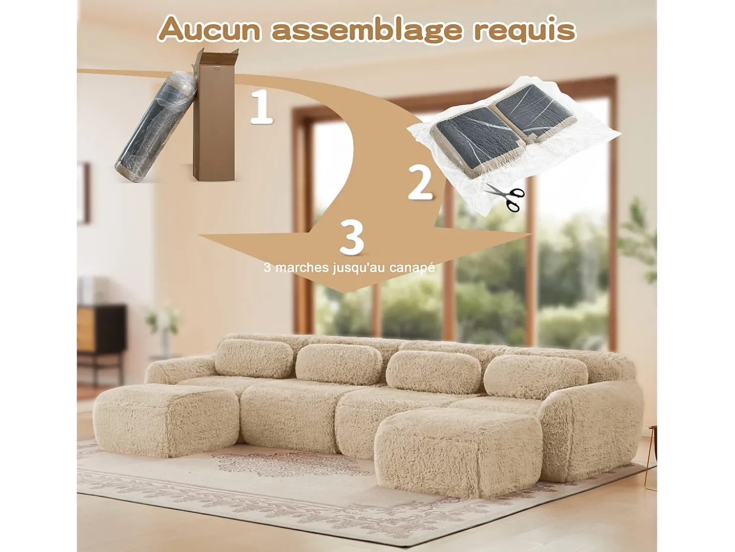Sofá de Canto Modular Forma de U em tecido peluche, com 2 puffs e 4 almofadas, 378x179x73cm, Caqui