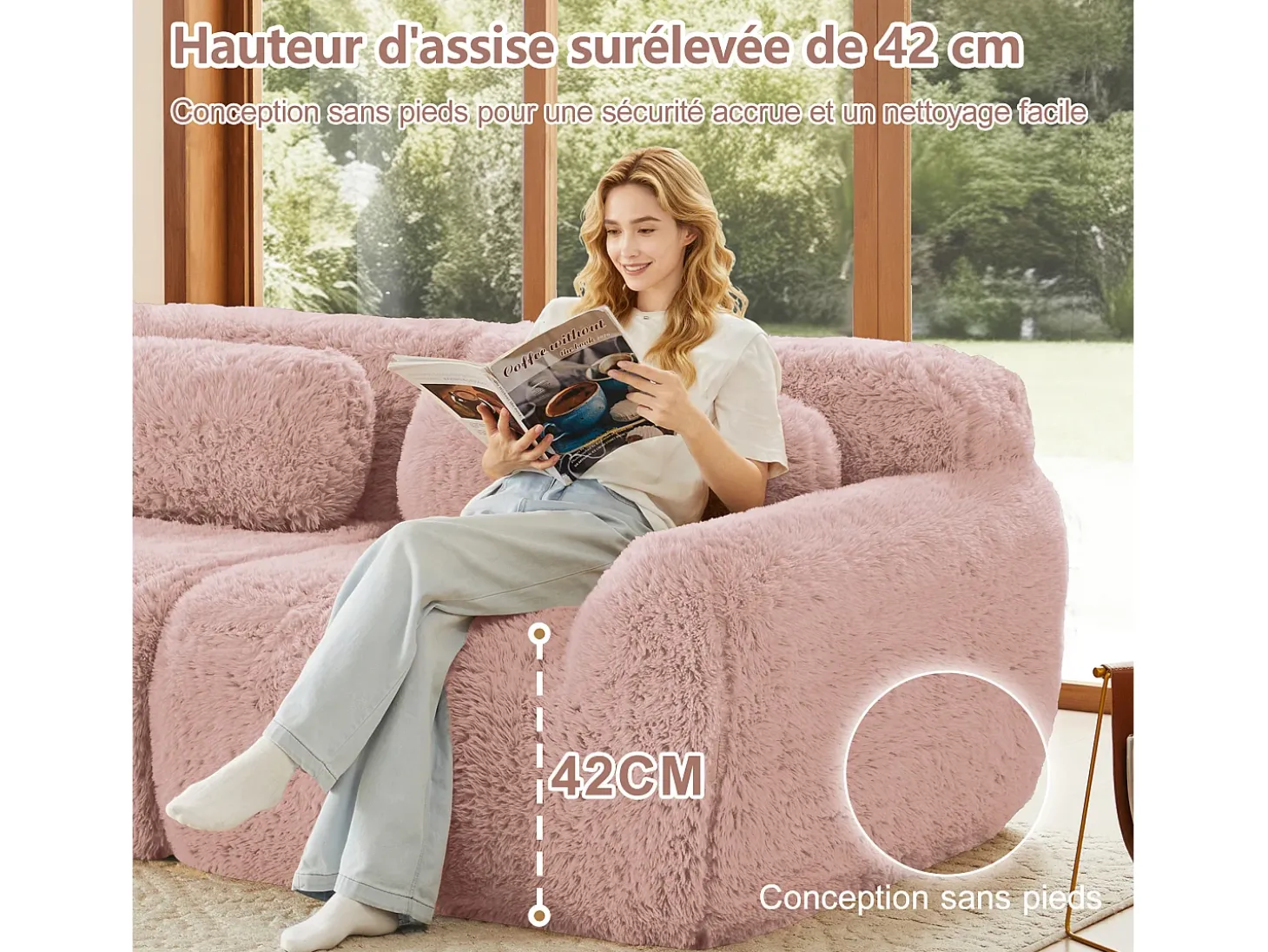 Sofá de Canto Modular Forma de U em tecido peluche, com 2 puffs e 4 almofadas, 378x179x73cm, Rosa
