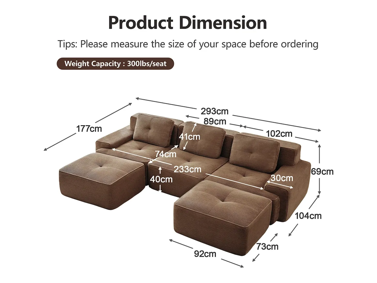 Sofá de Canto Modular Forma de U em Veludo cotelê, com 2 puffs e 3 almofadas, 293x177x69cm, Marrom