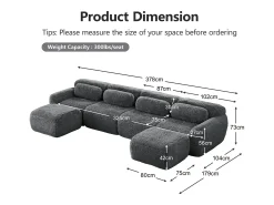 Sofá de Canto Modular Forma de U em tecido peluche, com 2 puffs e 4 almofadas, 378x179x73cm, Cinza