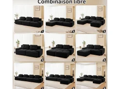 Sofá de Canto Modular Forma de U em Veludo cotelê, com 2 puffs e 3 almofadas, 293x177x69cm, Preto