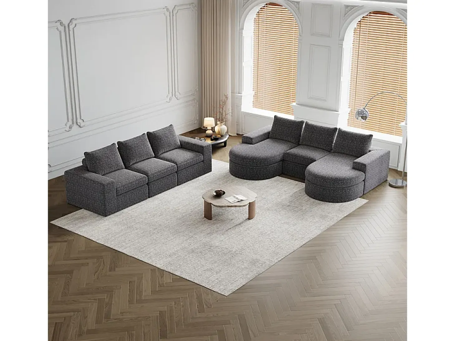 Sofá de Canto Modular Reversível 6 Lugares, com 6 Almofadas e Almofadas Cervicais, Tecido Chenille, Sala de Estar DIY, Cinza