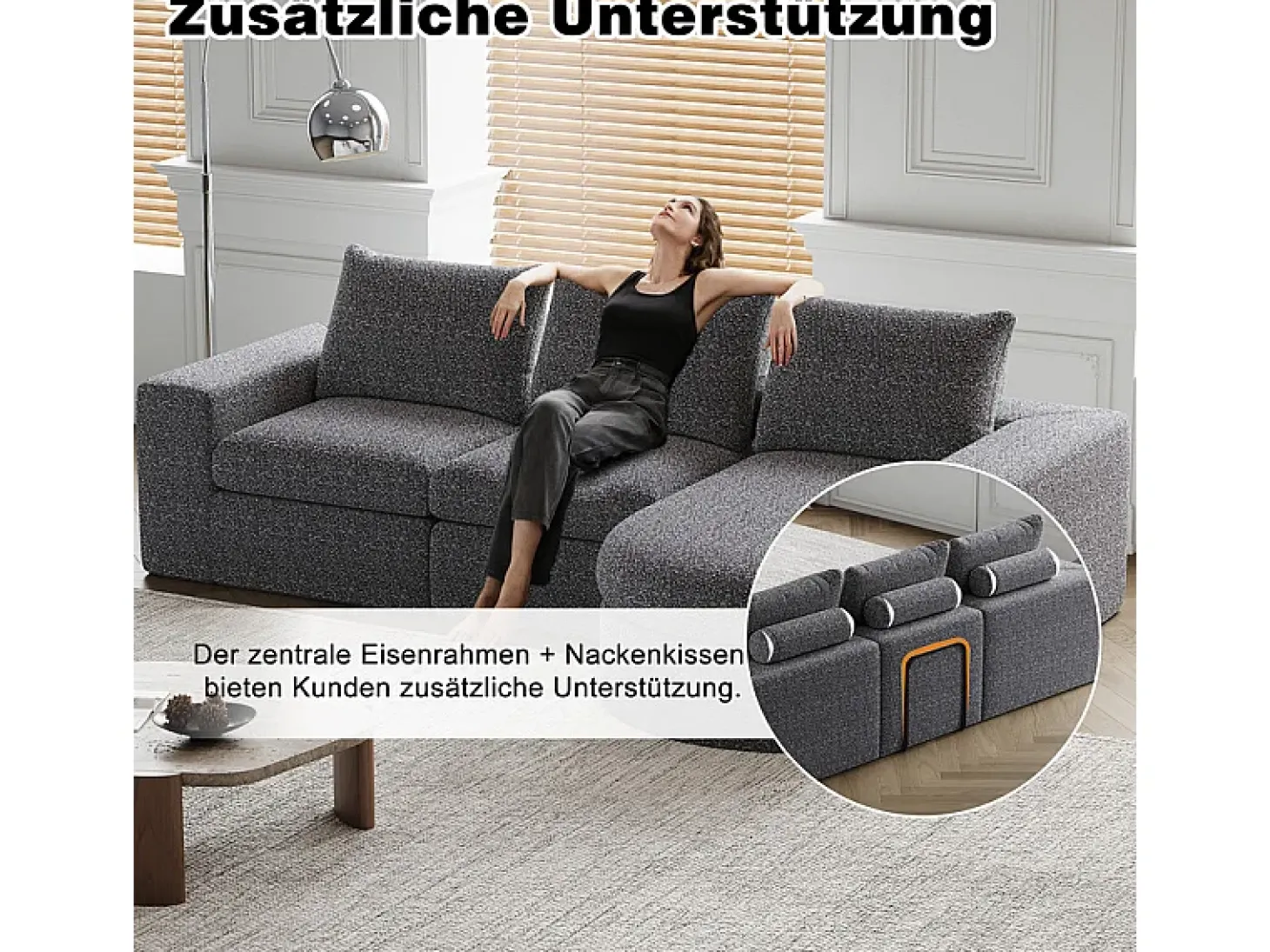 Sofá de Canto Modular Reversível 6 Lugares, com 6 Almofadas e Almofadas Cervicais, Tecido Chenille, Sala de Estar DIY, Cinza