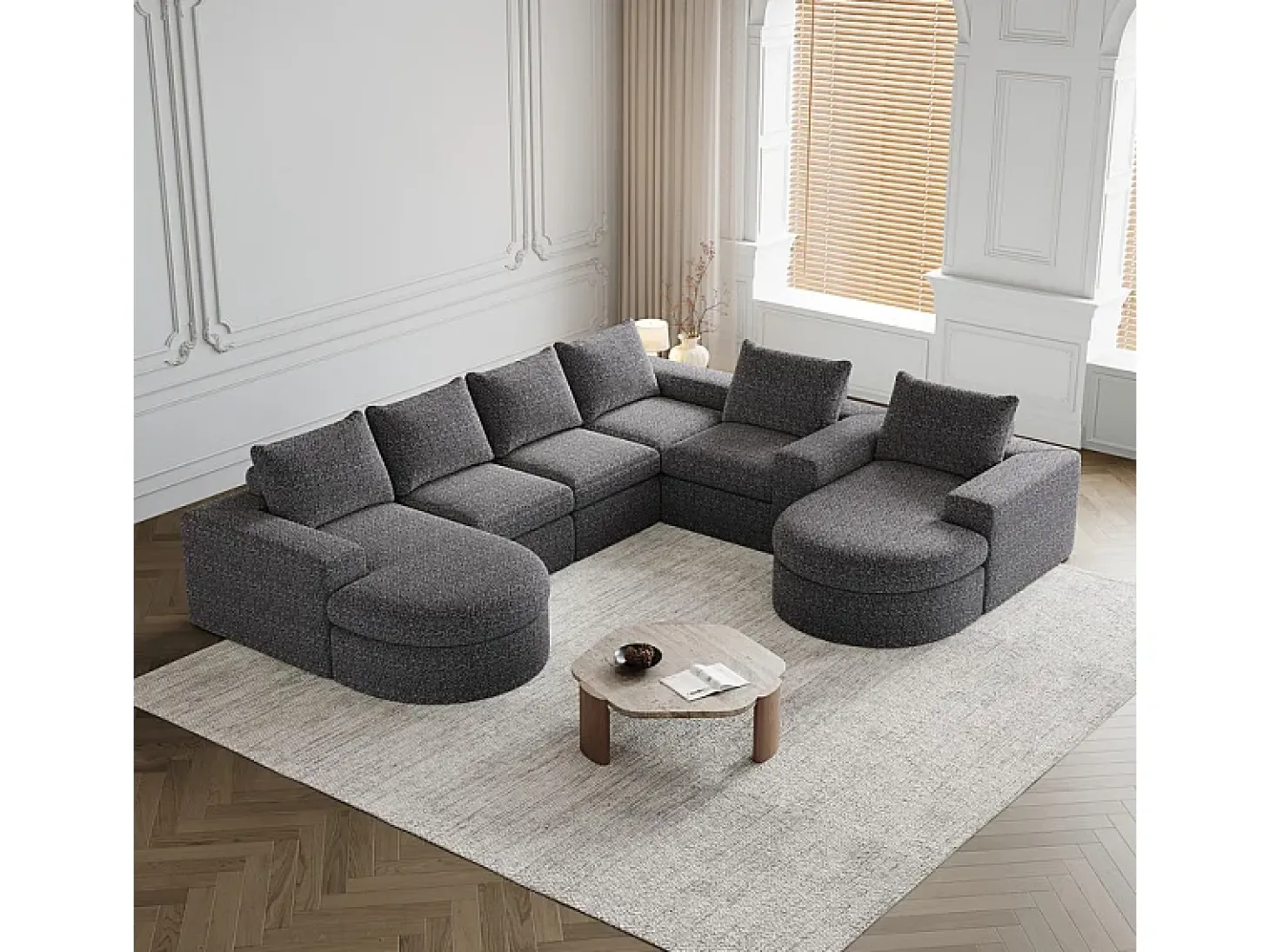 Sofá de Canto Modular Reversível 6 Lugares, com 6 Almofadas e Almofadas Cervicais, Tecido Chenille, Sala de Estar DIY, Cinza