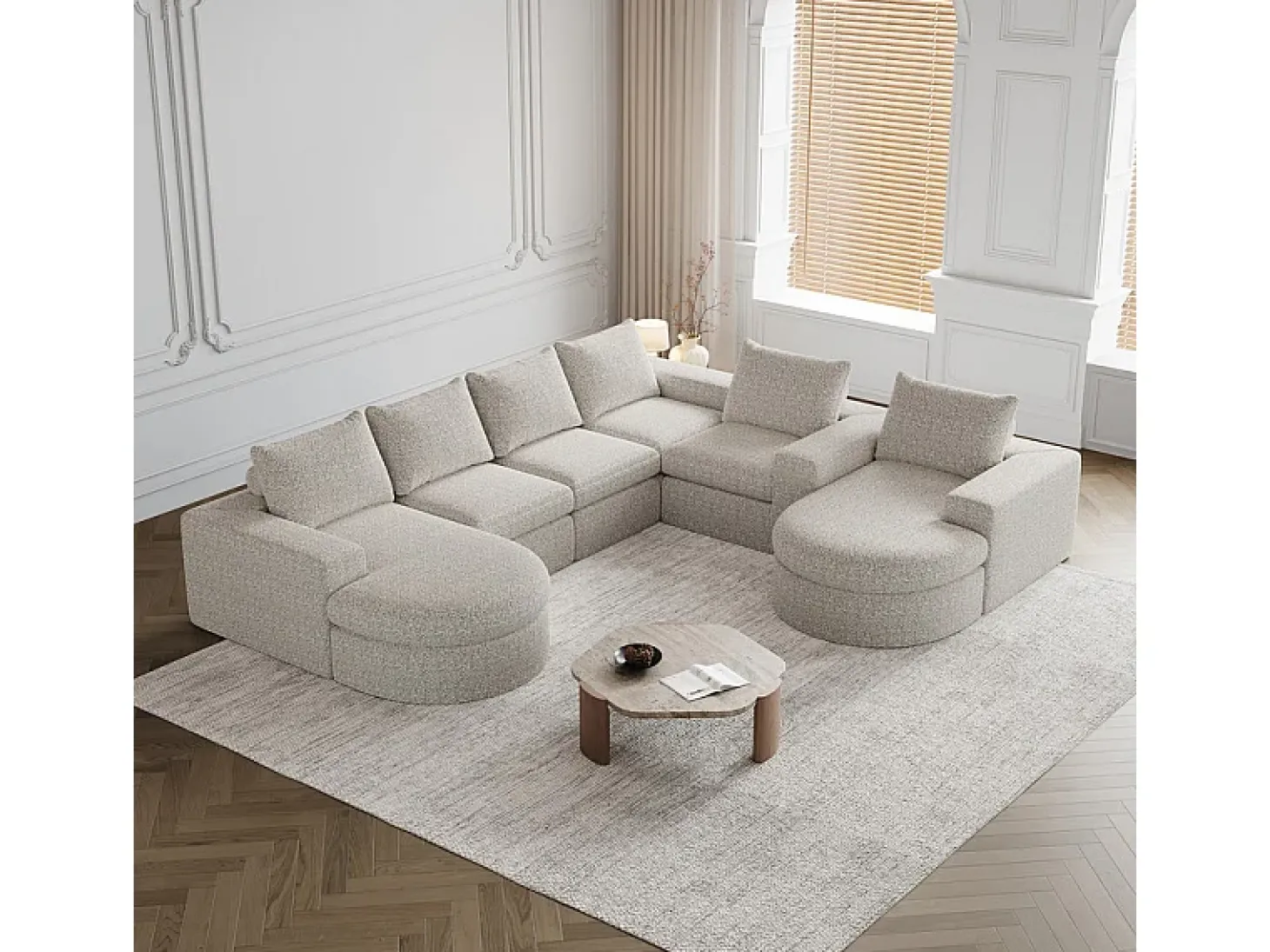 Sofá de Canto Modular Reversível 6 Lugares, com 6 Almofadas e Almofadas Cervicais, Tecido Chenille, Sala de Estar DIY, Bege