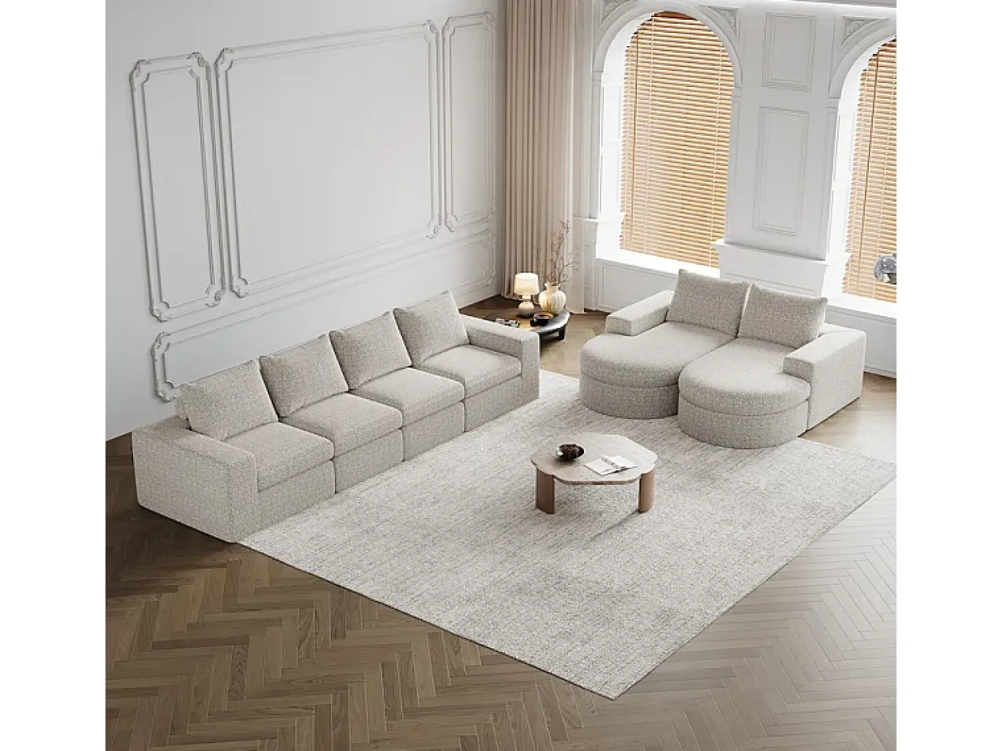 Sofá de Canto Modular Reversível 6 Lugares, com 6 Almofadas e Almofadas Cervicais, Tecido Chenille, Sala de Estar DIY, Bege