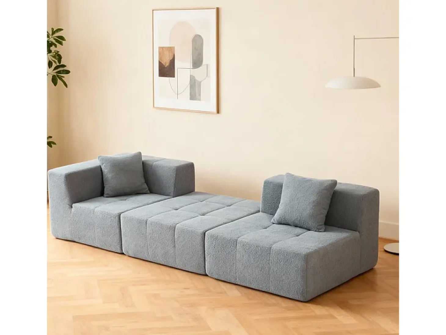 Sofá de canto modular tecido - pufe e 2 travesseiros - Cinzento - 270x100x60cm