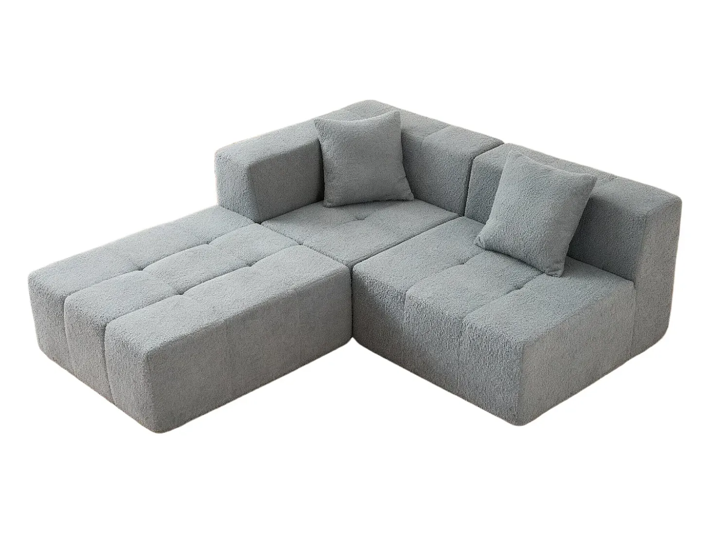 Sofá de canto modular tecido - pufe e 2 travesseiros - Cinzento - 270x100x60cm