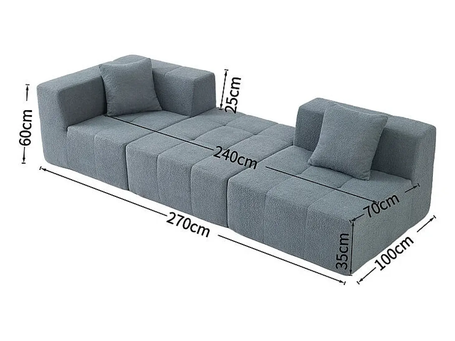 Sofá de canto modular tecido - pufe e 2 travesseiros - Cinzento - 270x100x60cm