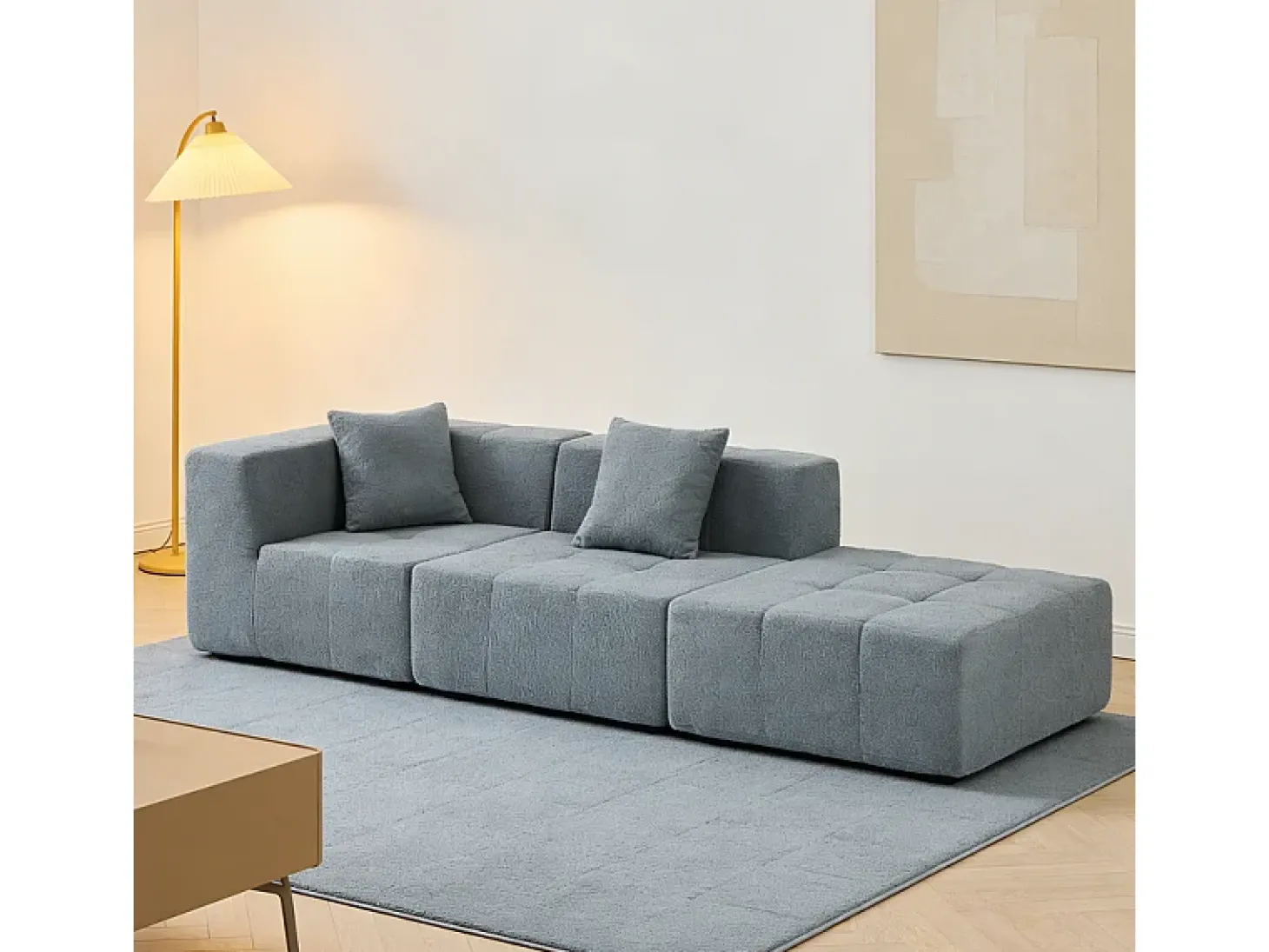Sofá de canto modular tecido - pufe e 2 travesseiros - Cinzento - 270x100x60cm