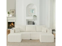 Sofá de canto modular veludo canelado, 2 pufes, porta-copos e almofadas, Bege, 230x138x75cm