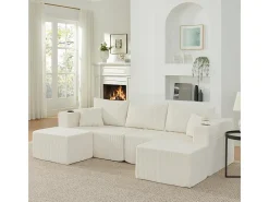 Sofá de canto modular veludo canelado, 2 pufes, porta-copos e almofadas, Bege, 230x138x75cm