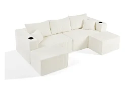 Sofá de canto modular veludo canelado, 2 pufes, porta-copos e almofadas, Bege, 230x138x75cm