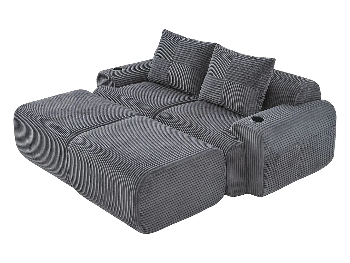 Sofá de canto modular veludo canelado, porta-copos, 2 pufes e 2 almofadas, 200x174x80cm, Cinzento antracite