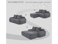 Sofá de canto modular veludo canelado, porta-copos, 2 pufes e 2 almofadas, 200x174x80cm, Cinzento antracite