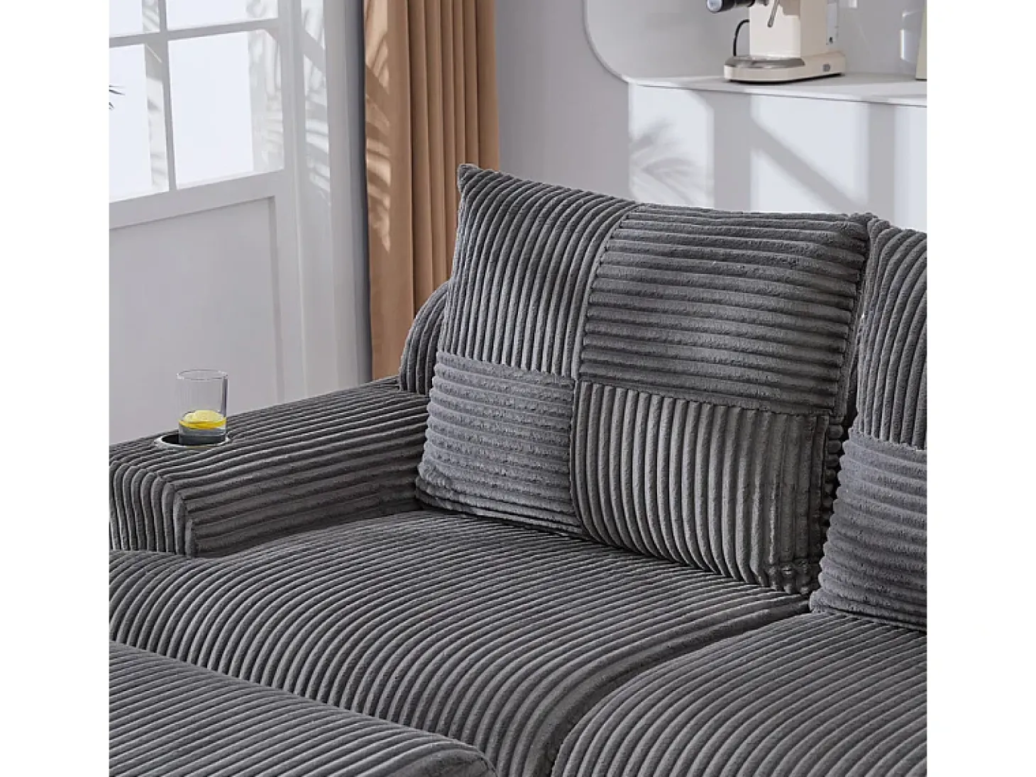 Sofá de canto modular veludo canelado, porta-copos, 2 pufes e 2 almofadas, 200x174x80cm, Cinzento antracite