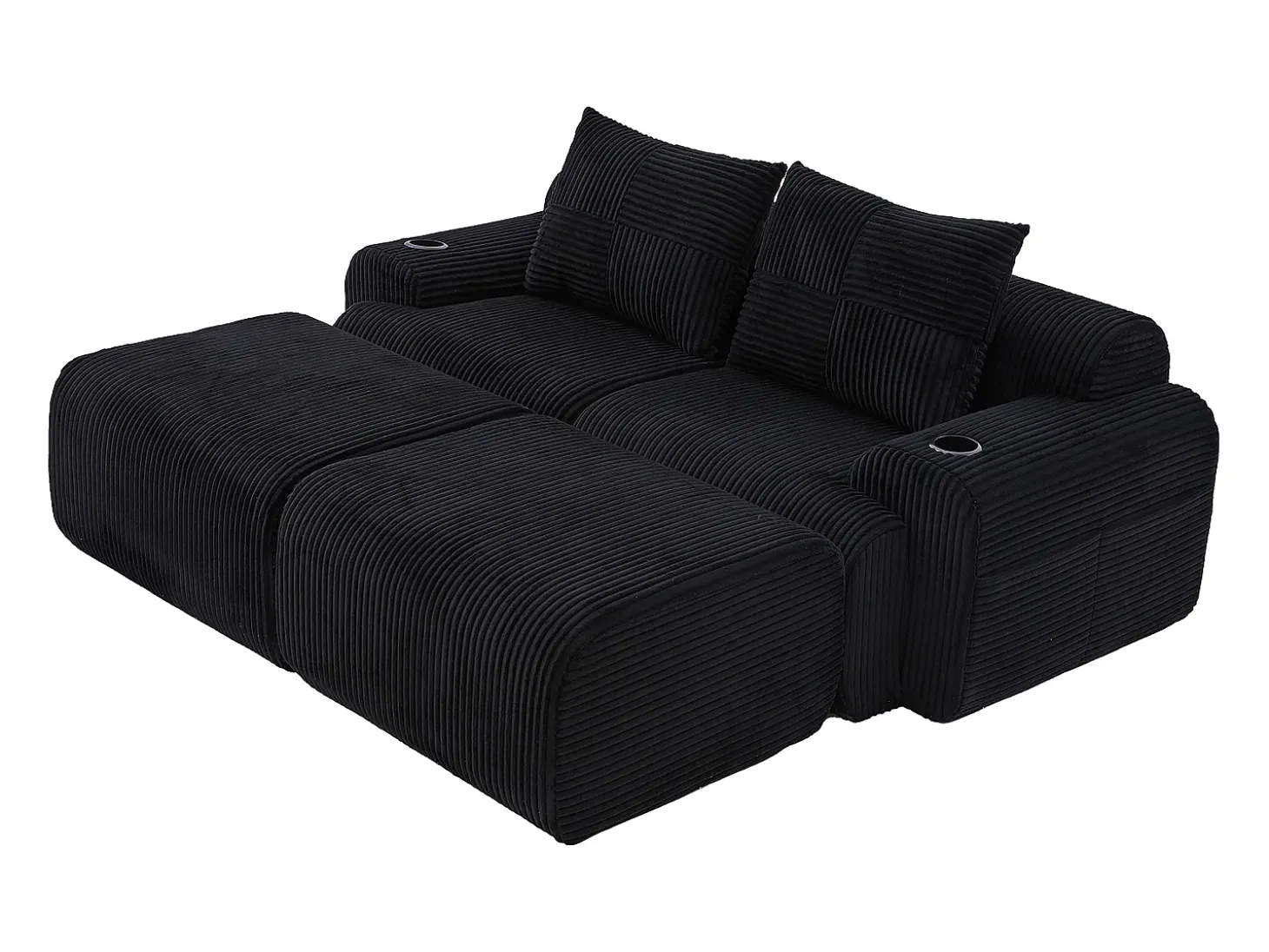 Sofá de canto modular veludo canelado, porta-copos, 2 pufes e 2 almofadas, 200x174x80cm, Preto
