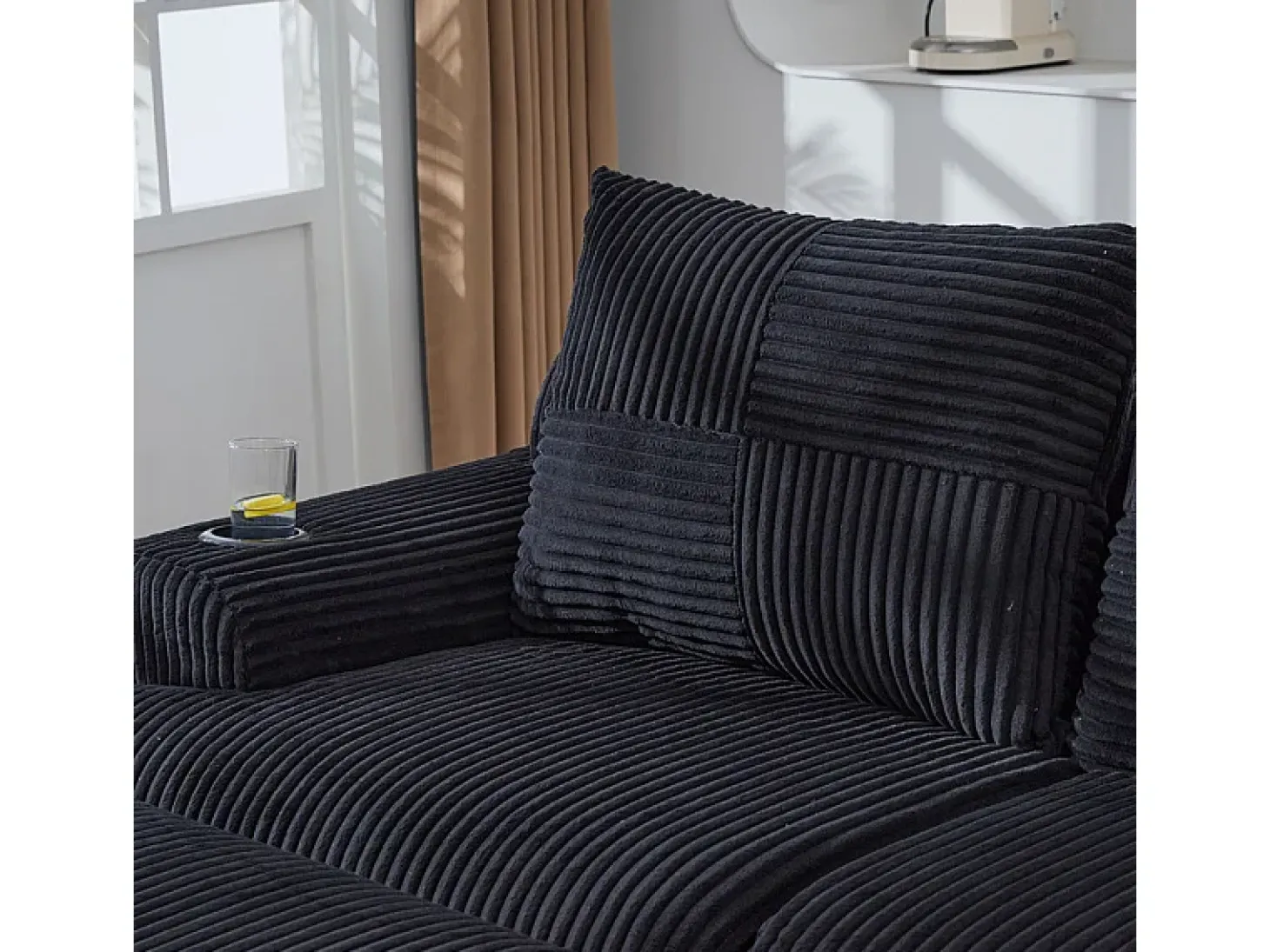Sofá de canto modular veludo canelado, porta-copos, 2 pufes e 2 almofadas, 200x174x80cm, Preto