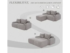 Sofá de canto modular veludo canelado, porta-copos, 2 pufes e 2 almofadas, 200x174x80cm, Cinzento claro