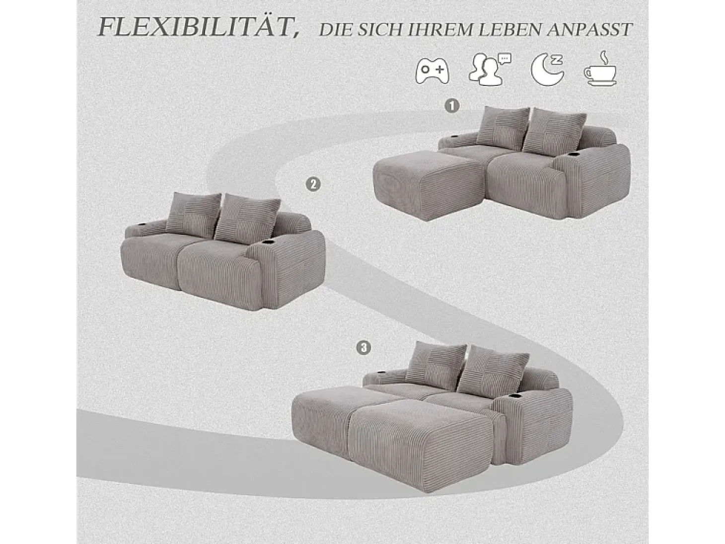 Sofá de canto modular veludo canelado, porta-copos, 2 pufes e 2 almofadas, 200x174x80cm, Cinzento claro