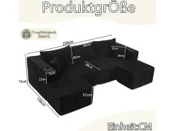 Sofá de canto modular veludo canelado, 2 pufes, porta-copos e almofadas, Preto, 230x138x75cm
