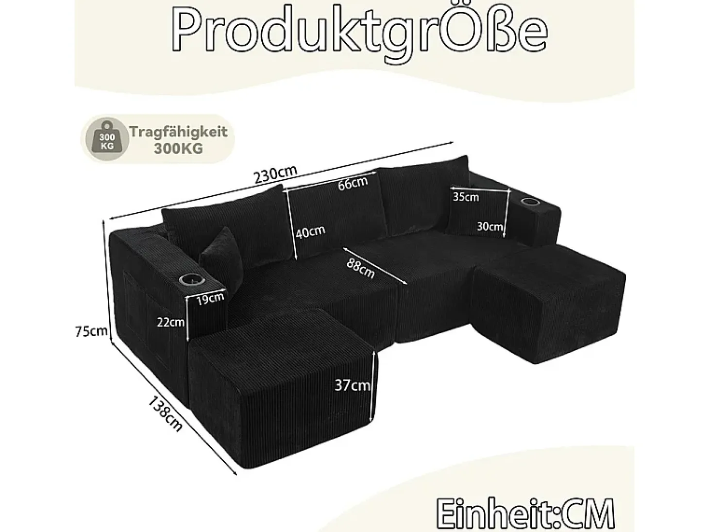 Sofá de canto modular veludo canelado, 2 pufes, porta-copos e almofadas, Preto, 230x138x75cm