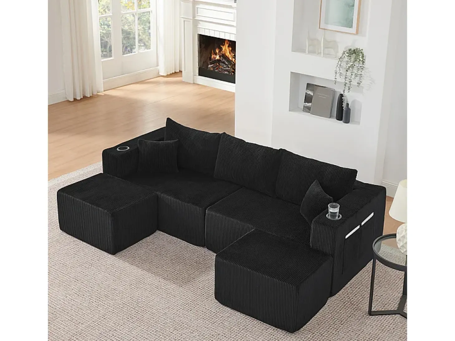 Sofá de canto modular veludo canelado, 2 pufes, porta-copos e almofadas, Preto, 230x138x75cm