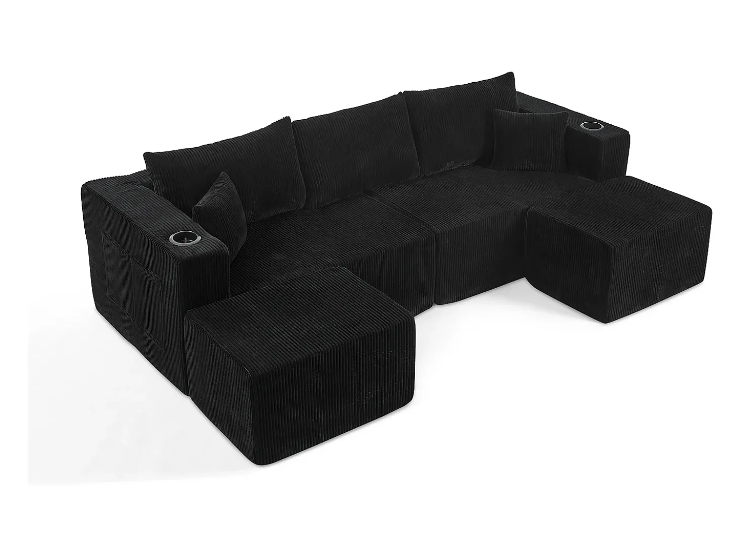 Sofá de canto modular veludo canelado, 2 pufes, porta-copos e almofadas, Preto, 230x138x75cm
