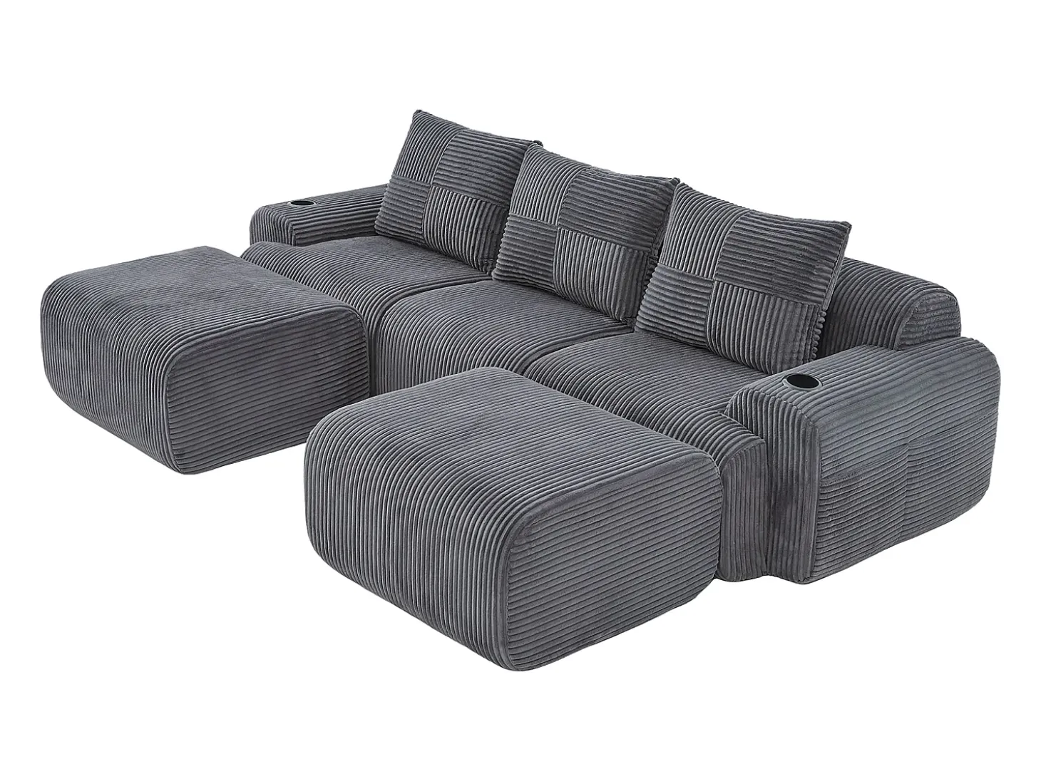 Sofá de canto modular veludo canelado, porta-copos, 2 pufes e 3 almofadas, 268x174x80cm, Cinzento antracite
