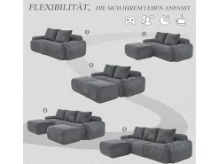 Sofá de canto modular veludo canelado, porta-copos, 2 pufes e 3 almofadas, 268x174x80cm, Cinzento antracite