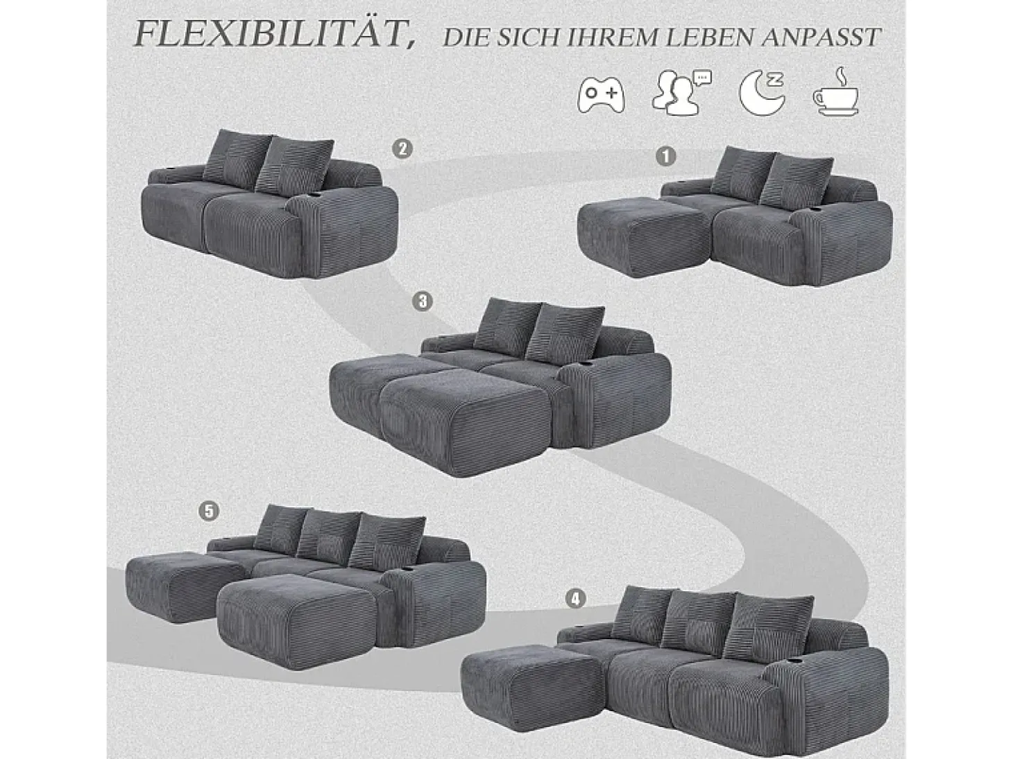 Sofá de canto modular veludo canelado, porta-copos, 2 pufes e 3 almofadas, 268x174x80cm, Cinzento antracite