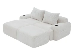 Sofá de canto modular veludo canelado, porta-copos, 2 pufes e 2 almofadas, 200x174x80cm, Bege