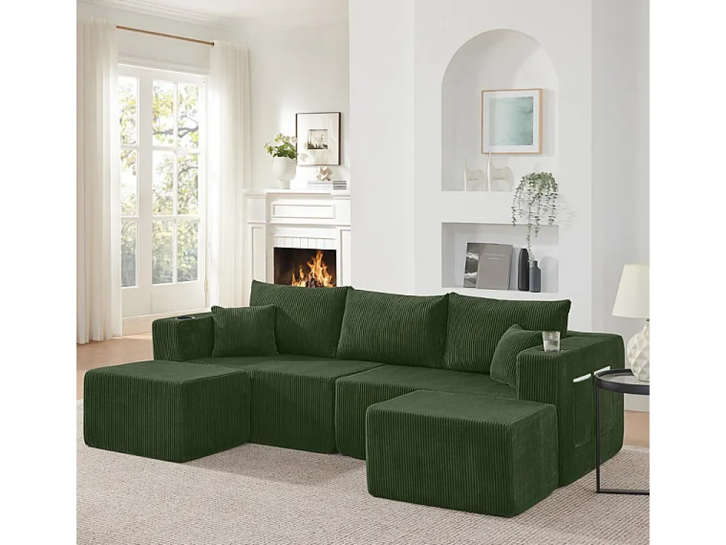 Sofá de canto modular veludo canelado, 2 pufes, porta-copos e almofadas, Verde, 230x138x75cm