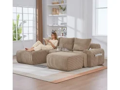 Sofá de canto modular veludo canelado, porta-copos, 2 pufes e 3 almofadas, 268x174x80cm, Cáqui