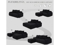 Sofá de canto modular veludo canelado, porta-copos, 2 pufes e 3 almofadas, 268x174x80cm, Preto
