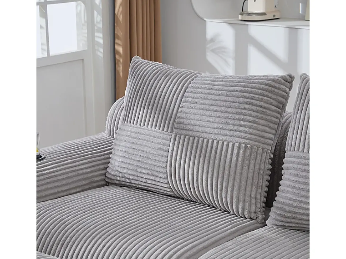 Sofá de canto modular veludo canelado, porta-copos, 2 pufes e 3 almofadas, 268x174x80cm, Cinzento claro