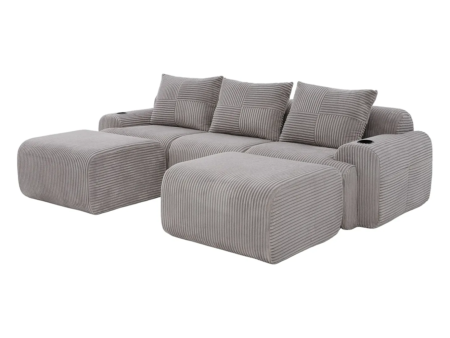 Sofá de canto modular veludo canelado, porta-copos, 2 pufes e 3 almofadas, 268x174x80cm, Cinzento claro