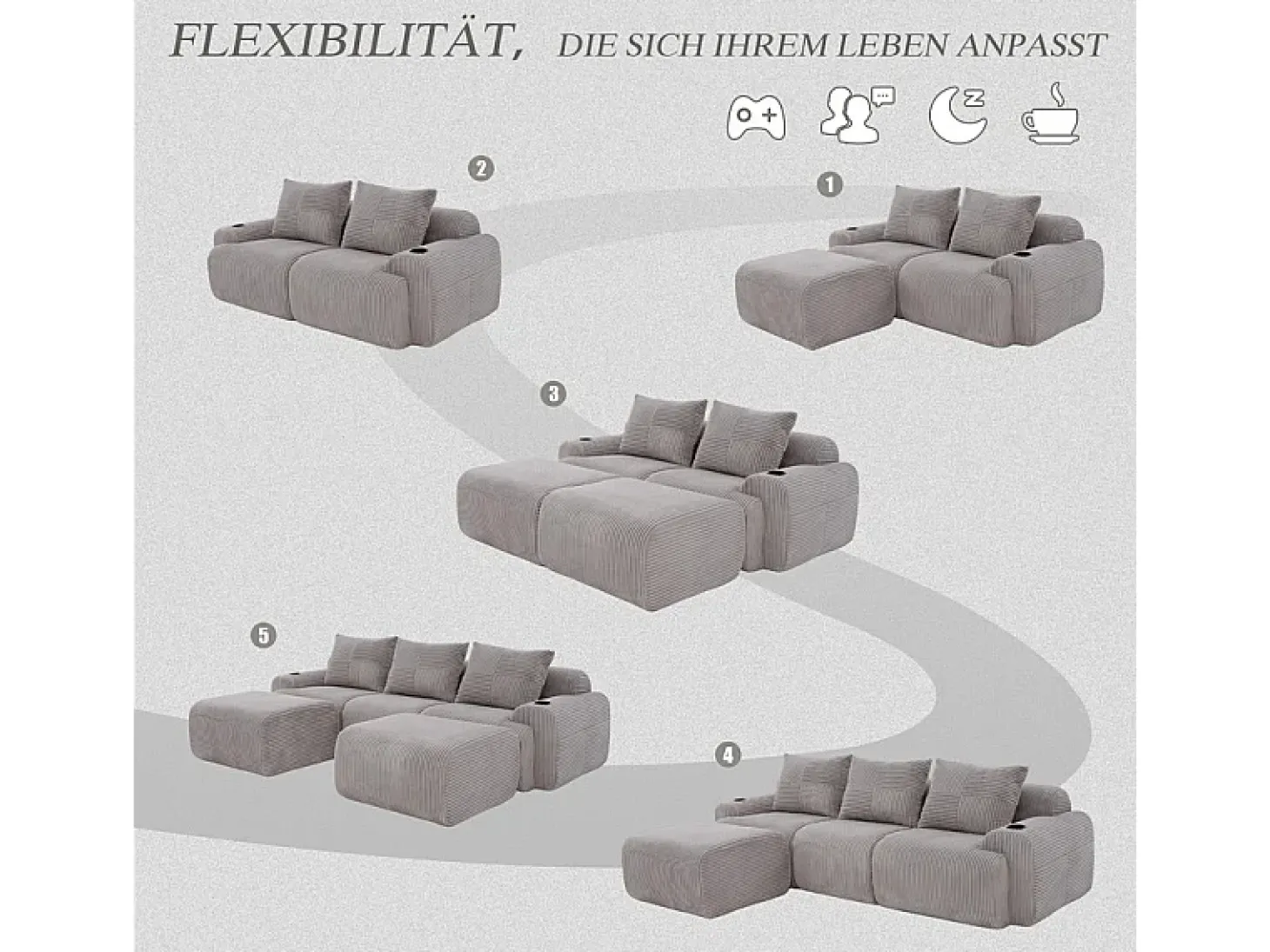 Sofá de canto modular veludo canelado, porta-copos, 2 pufes e 3 almofadas, 268x174x80cm, Cinzento claro
