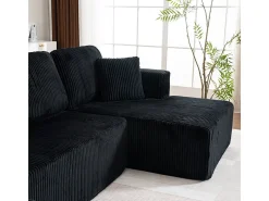 Sofá de canto panorâmico - Veludo canelado Preto - 4 almofadas, 2 travesseiros, 2 chaises - 332x156x88cm