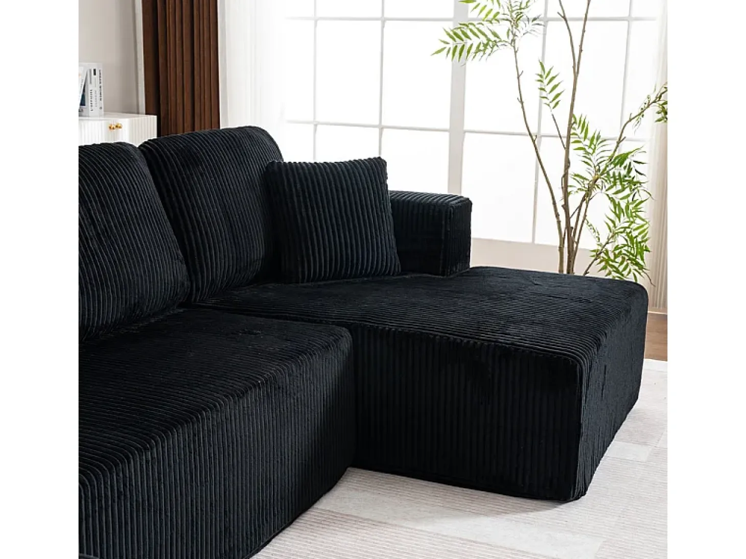Sofá de canto panorâmico - Veludo canelado Preto - 4 almofadas, 2 travesseiros, 2 chaises - 332x156x88cm