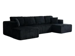 Sofá de canto panorâmico - Veludo canelado Preto - 4 almofadas, 2 travesseiros, 2 chaises - 332x156x88cm