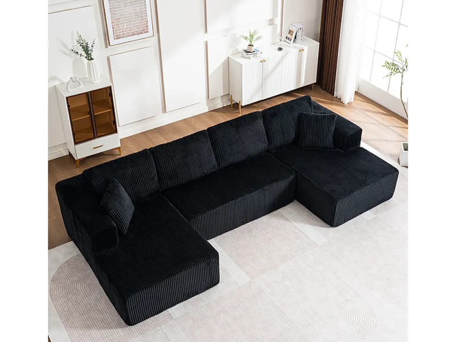 Sofá de canto panorâmico - Veludo canelado Preto - 4 almofadas, 2 travesseiros, 2 chaises - 332x156x88cm