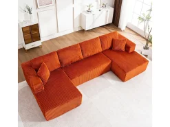 Sofá de canto panorâmico - Veludo canelado Laranja - 4 almofadas, 2 travesseiros, 2 chaises - 332x156x88cm