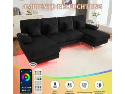 Sofá de canto panorâmico em veludo - 4 lugares - com LED RGB e porta USB+Type-C - 265x135x88cm - Preto
